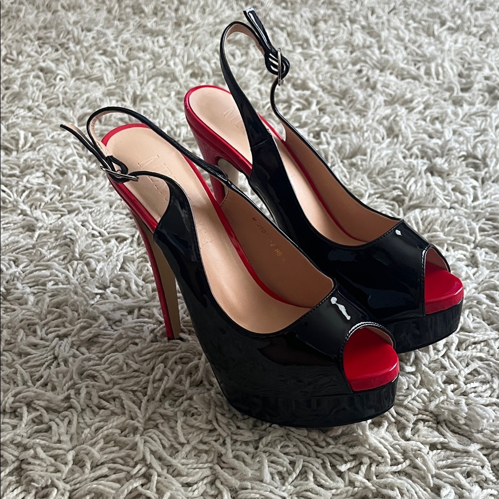 Stylish Black and Red Peep-Toe Slingback Heels